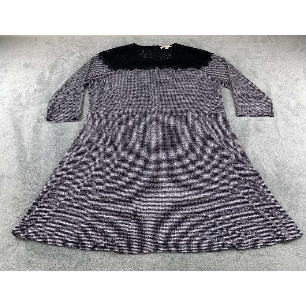 Michael Kors Womens 3X Houndstooth Lace Yoke A-Line Dress Black White 3/4 Sleeve